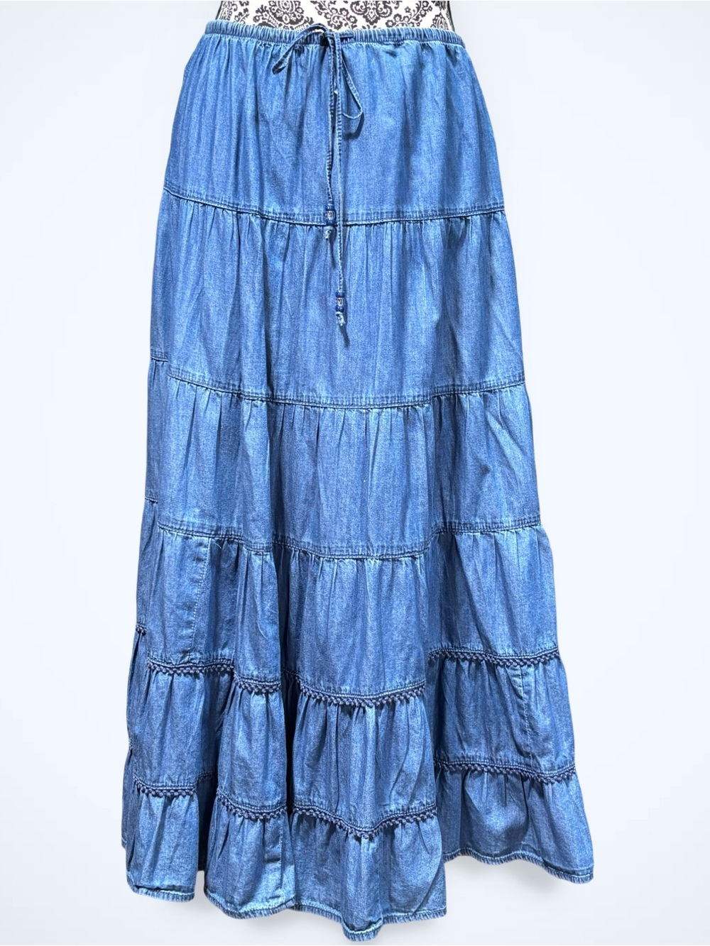 VTG White Stag Chambray Denim Tiered Maxi Skirt L Pull On Prairie Cottagecore - Picture 9 of 9